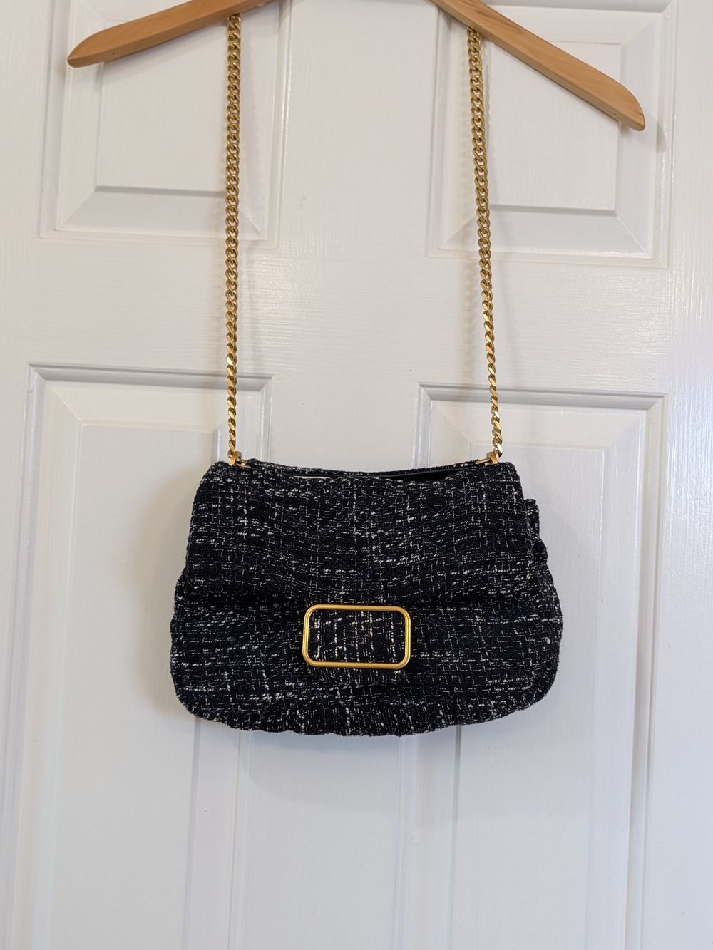 Mango Tweed Gold Buckle Shoulder Bag